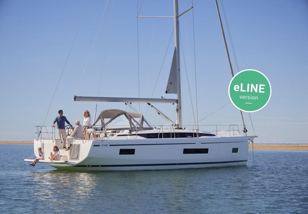 BAVARIA C46e electric sailing yacht cruising at sea