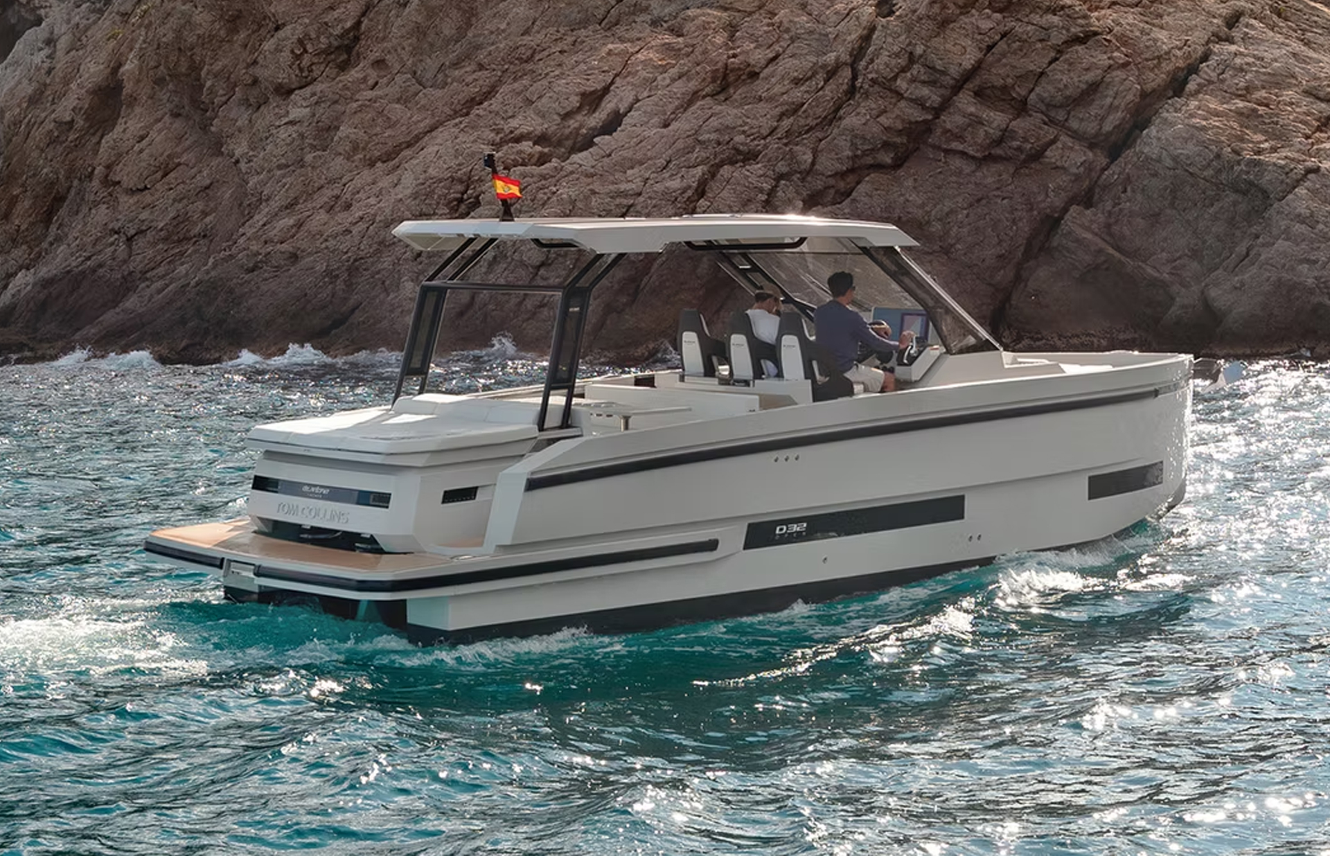 De Antonio D32 motor yacht cruising along the coast