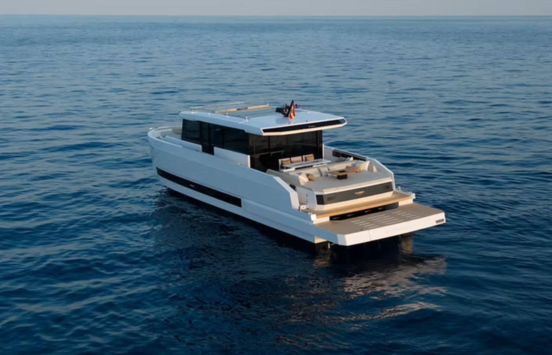 Aerial view of the De Antonio D60 flagship yacht cruising at sea