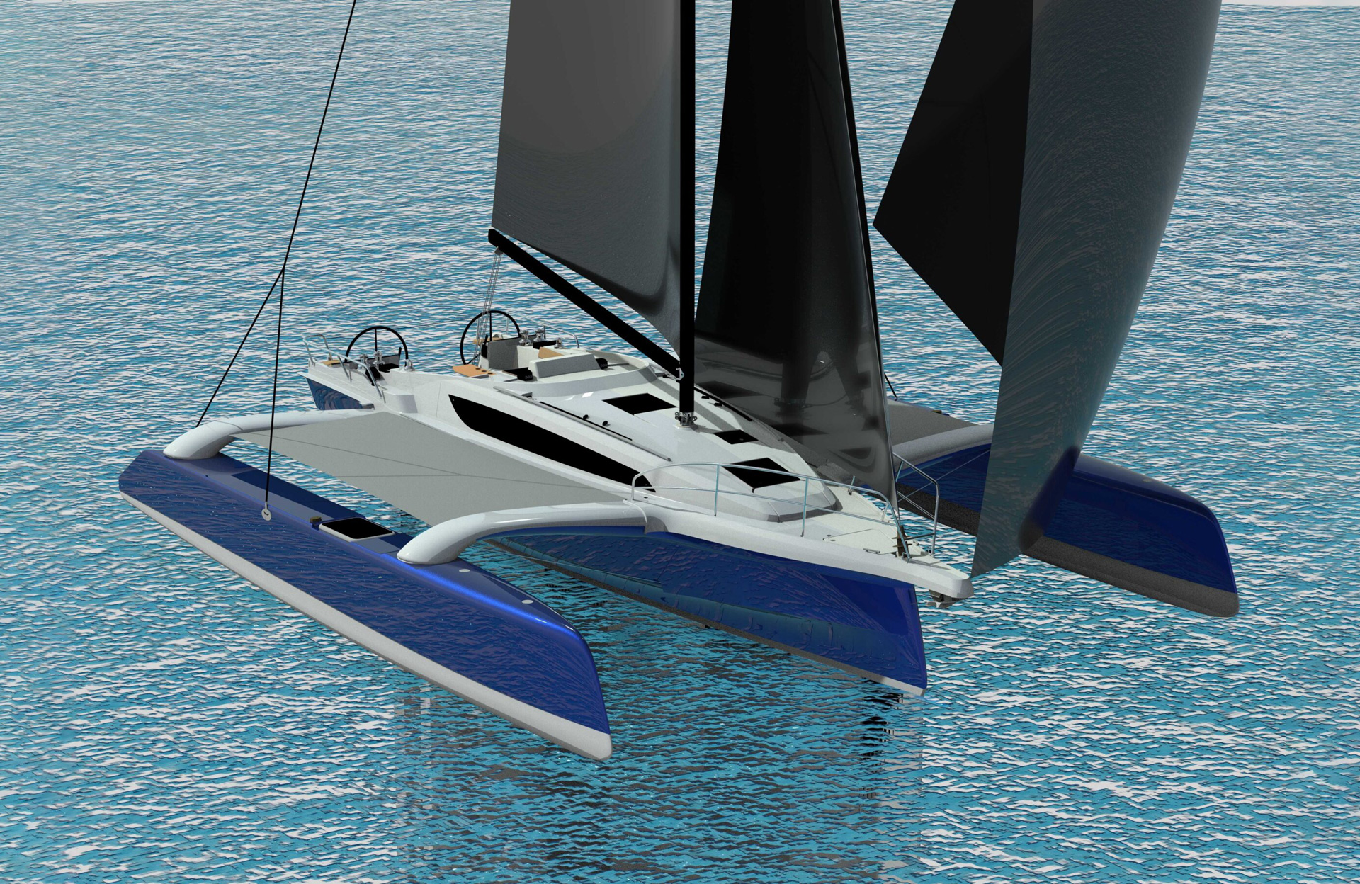 New Dragonfly 33 sailing trimaran with performance sails and wide three-hull configuration