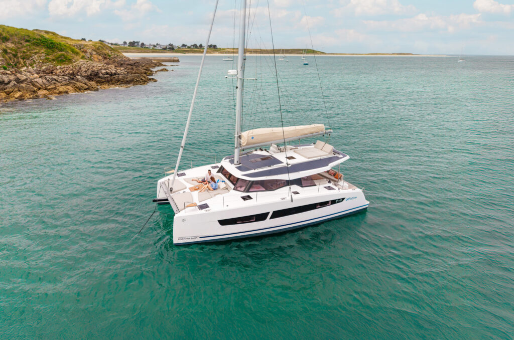 Fountaine Pajot FP41 sailing catamaran viewed from above while cruising