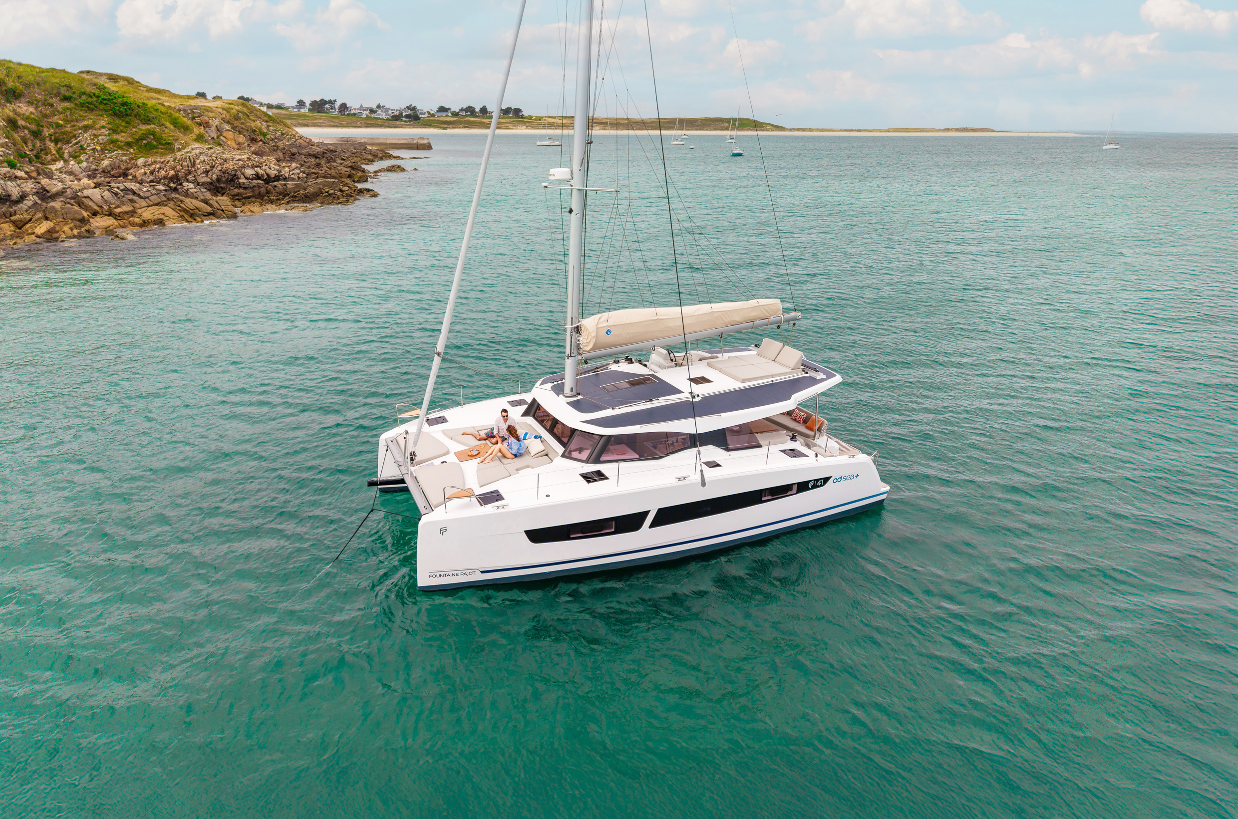 Fountaine Pajot FP41 sailing catamaran viewed from above while cruising