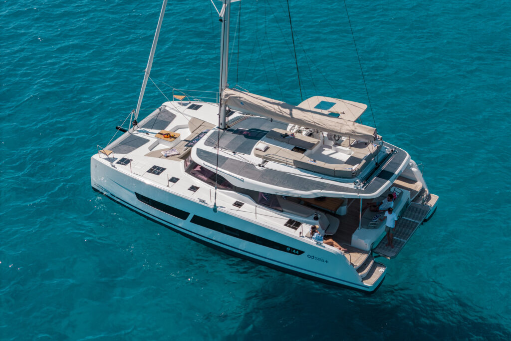 Aerial view of the Fountaine Pajot FP44 sailing catamaran and spacious deck layout