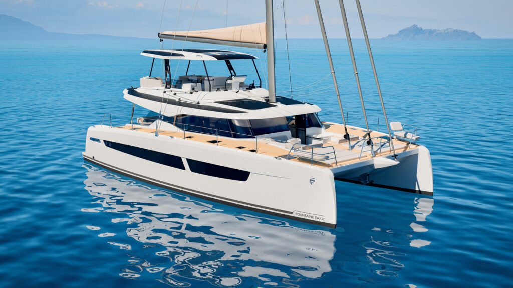 Fountaine Pajot FP55 sailing catamaran exterior with flybridge and contemporary hull design