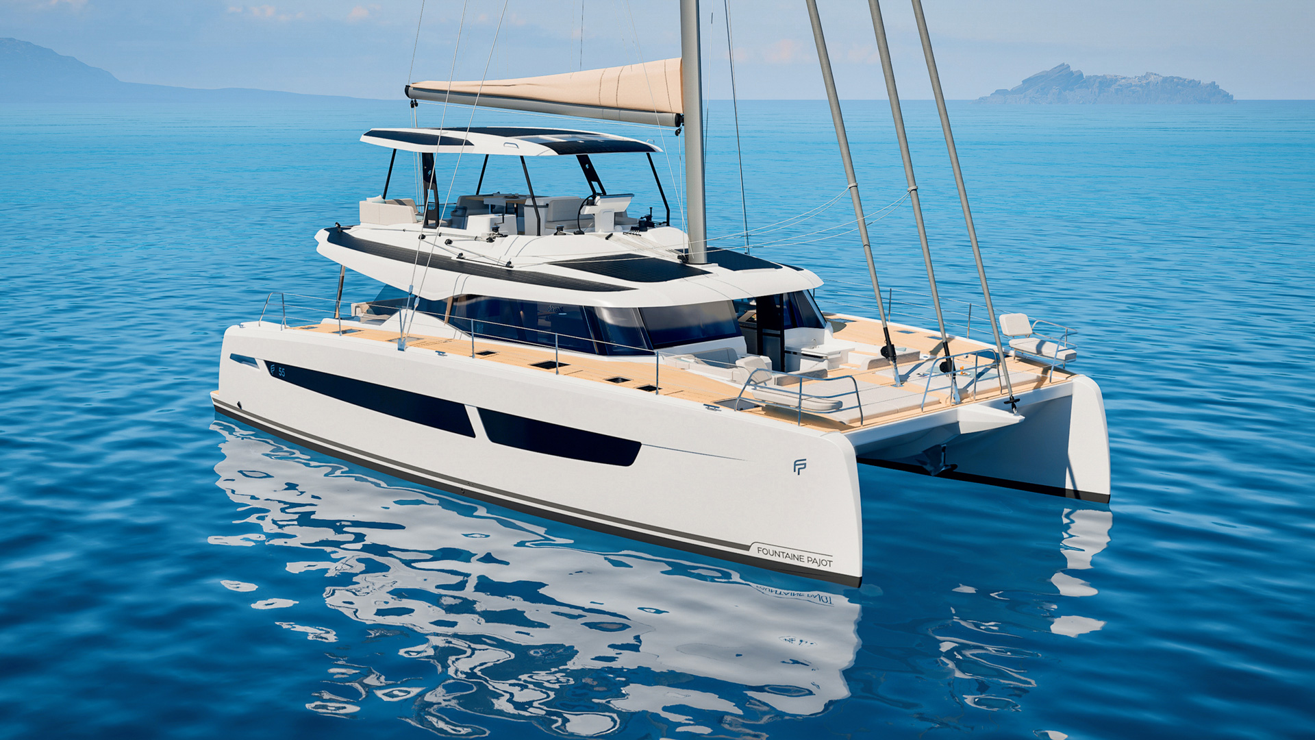 Fountaine Pajot FP55 sailing catamaran exterior with flybridge and contemporary hull design