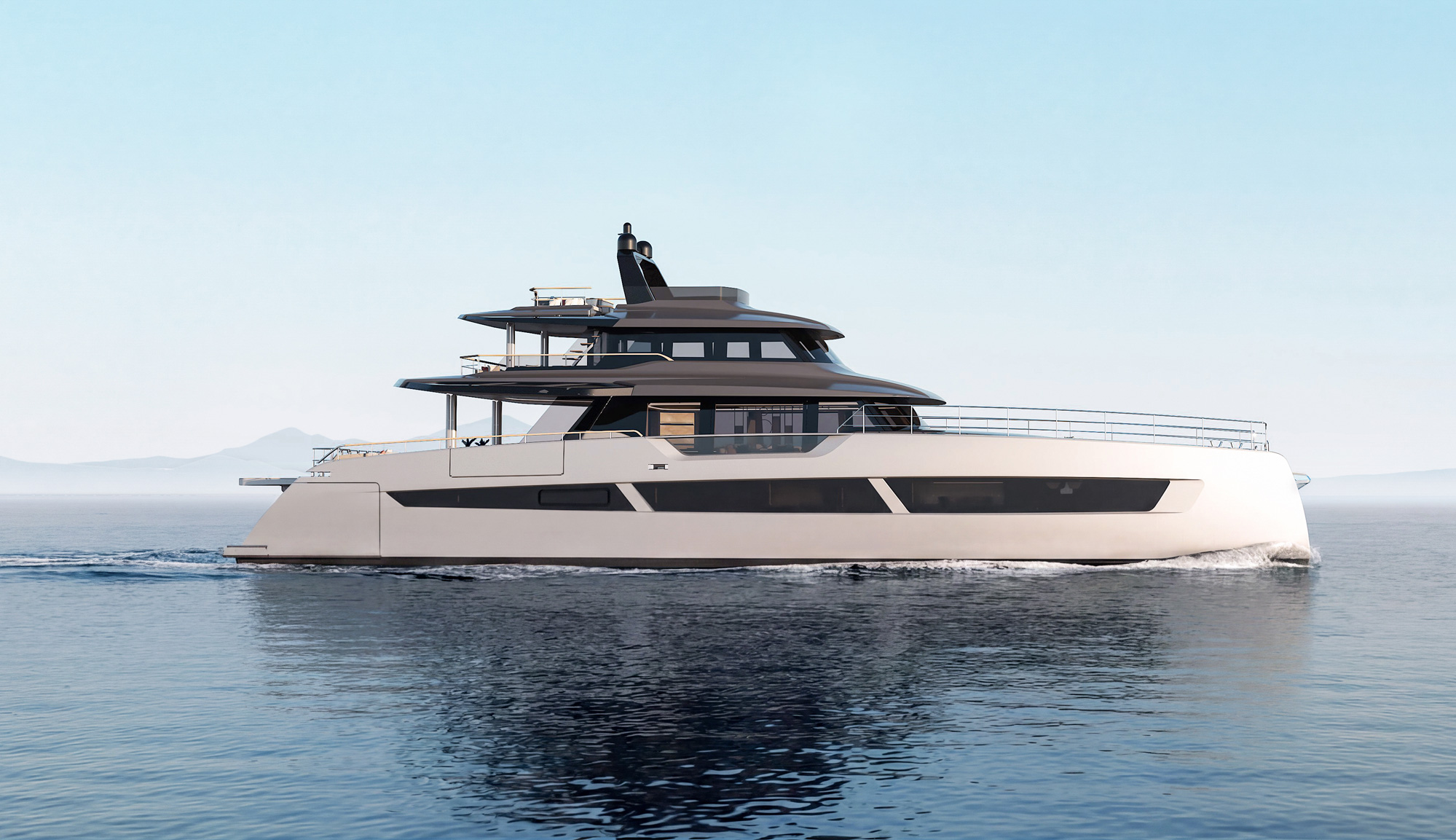 Fountaine Pajot FPY 120 power catamaran exterior showing its contemporary profile and multiple decks