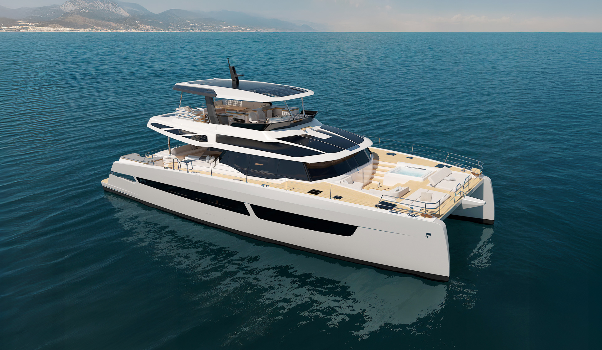 Aerial view of the Fountaine Pajot FPY 70 power catamaran cruising at sea