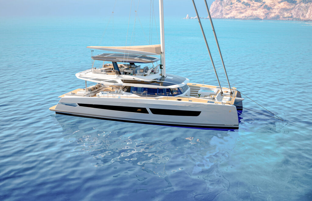 Fountaine Pajot FPY 70S sailing yacht underway with expansive flybridge and contemporary profile