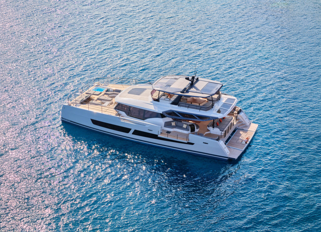 Fountaine Pajot FPY 80 power catamaran exterior showing its contemporary profile and generous deck space