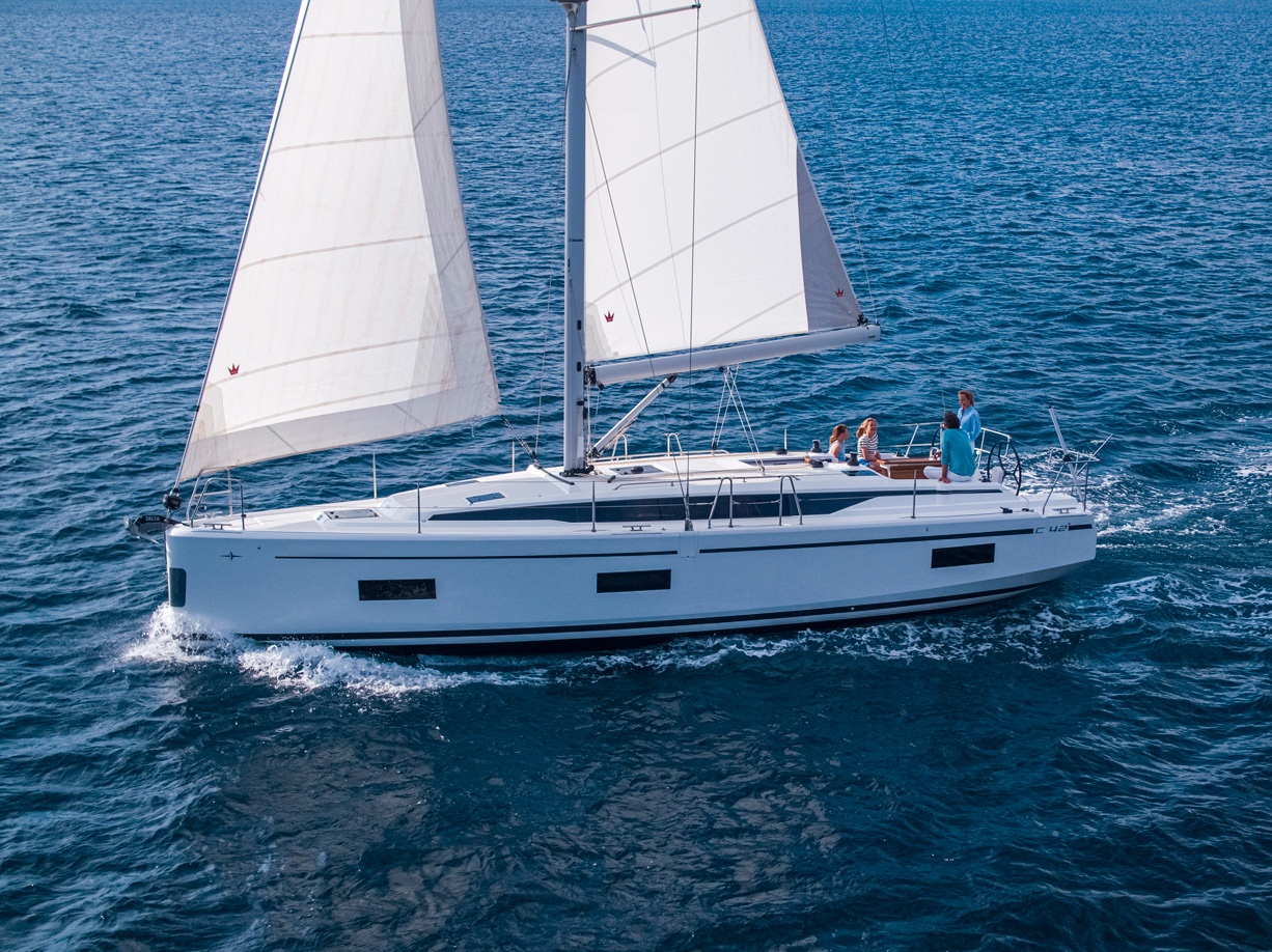 Bavaria C42 sailing yacht cruising under sail at sea