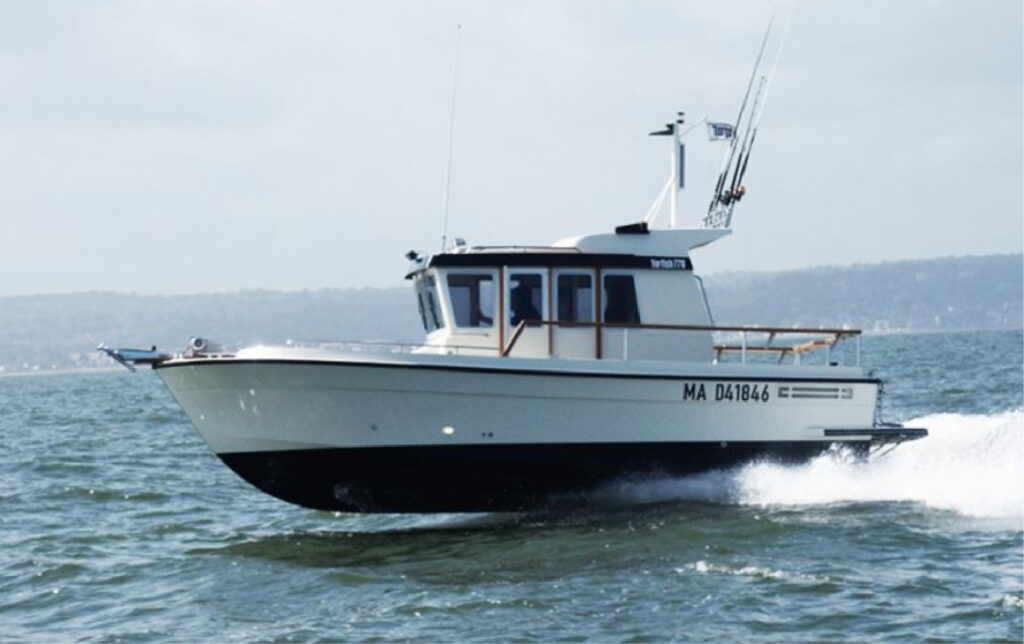 Targa 25.1 motor boat viewed from the side on the water