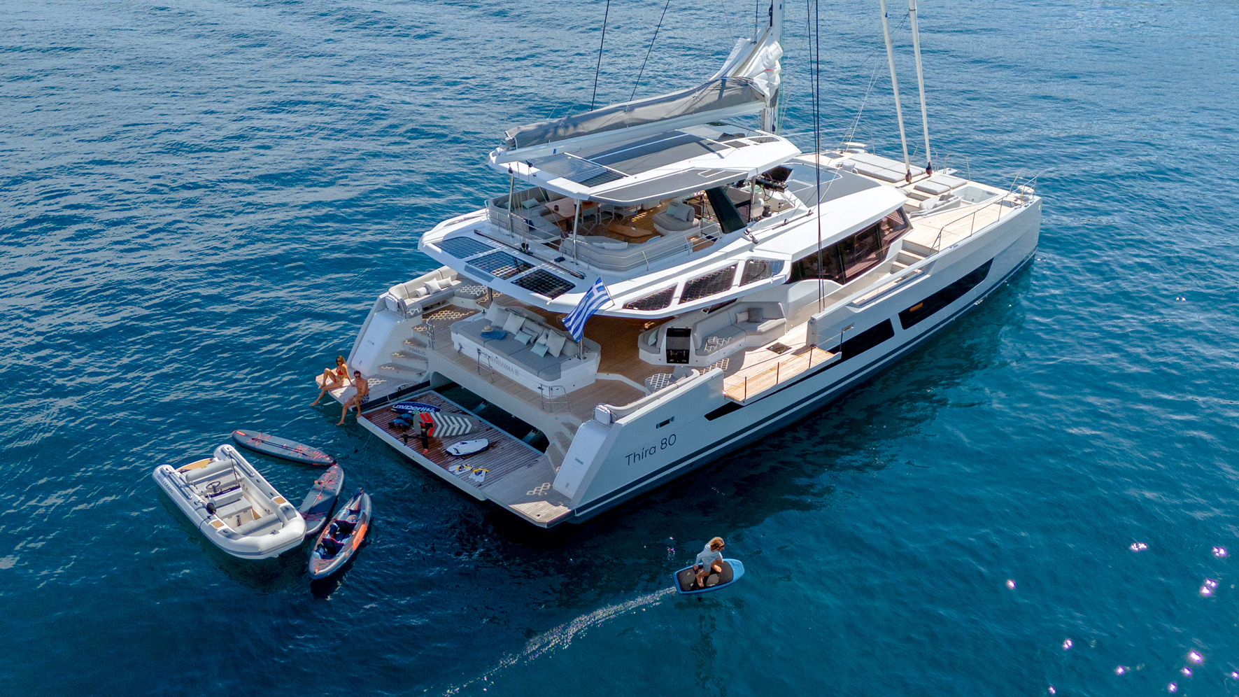 Aerial view of the Fountaine Pajot FPY 80S showing its expansive flybridge and deck layout