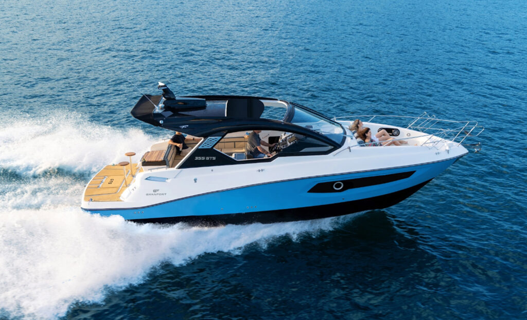 Elevated view of the Granfort 366 GTS highlighting its sleek exterior, spacious cockpit and deck layout.