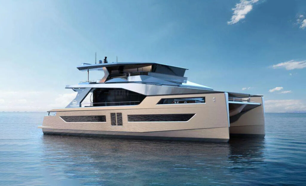 Exterior view of the ALVA Solar E78 showcasing its distinctive hull design, expansive upper deck and modern yacht architecture.