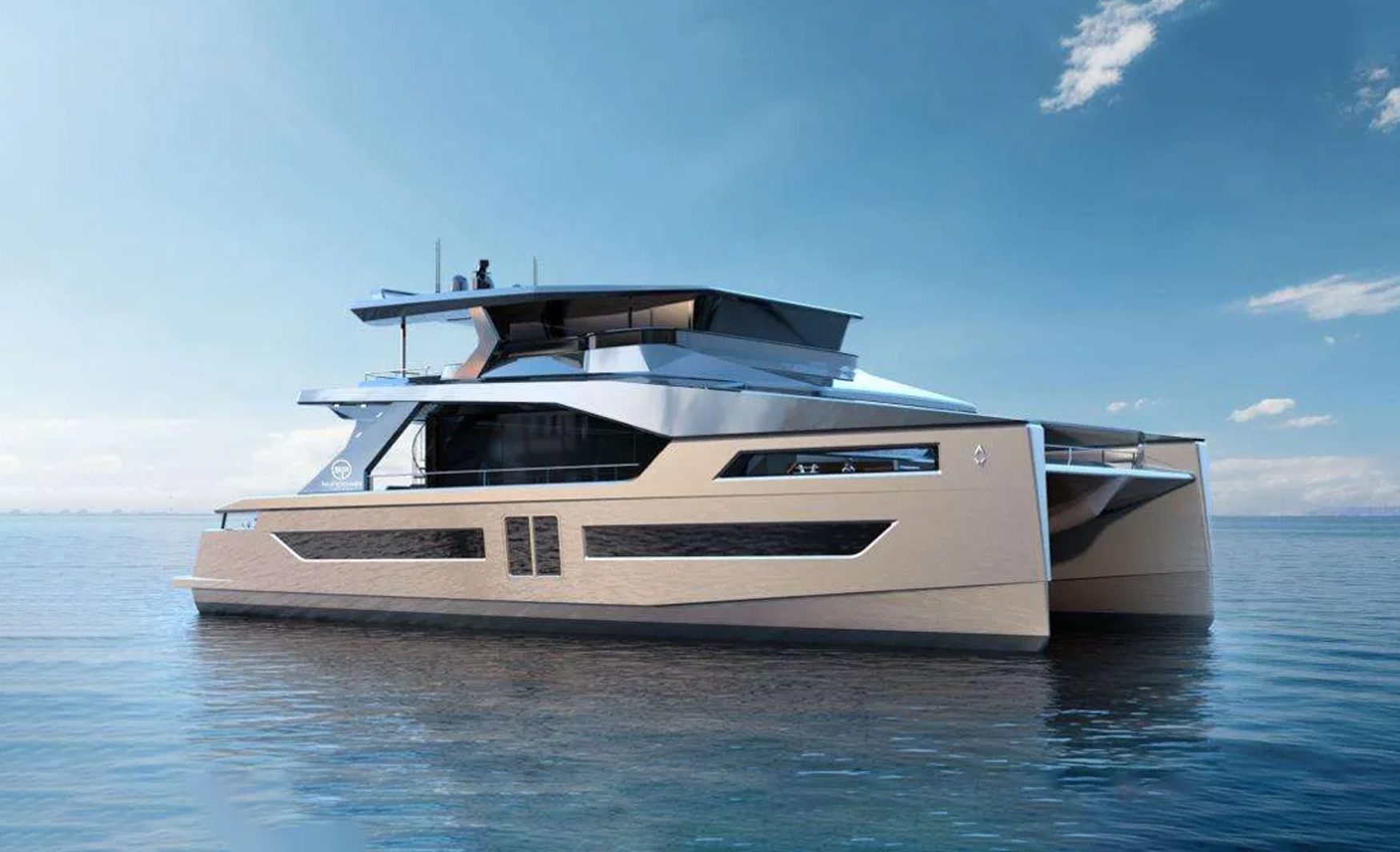 Exterior view of the ALVA Solar E78 showcasing its distinctive hull design, expansive upper deck and modern yacht architecture.