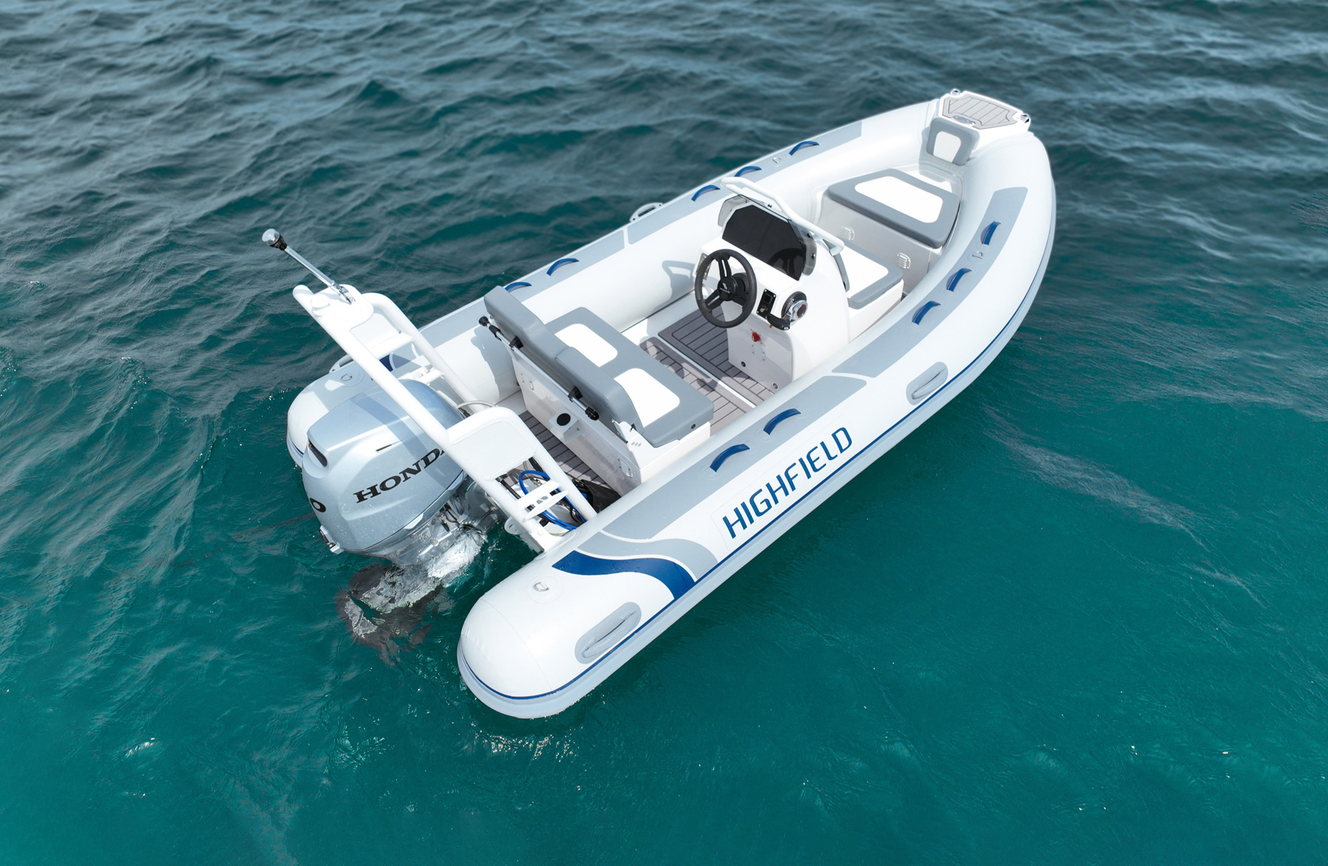 Highfield CL400 aluminium RIB viewed from above showing console and seating