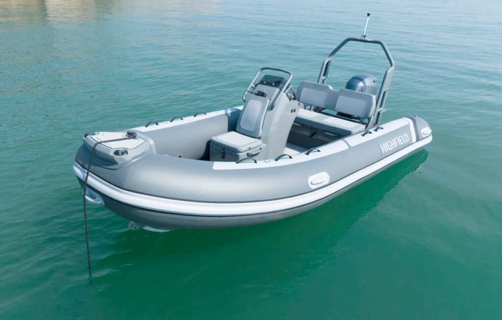 Highfield CL420 aluminium RIB showing console, seating and open bow area