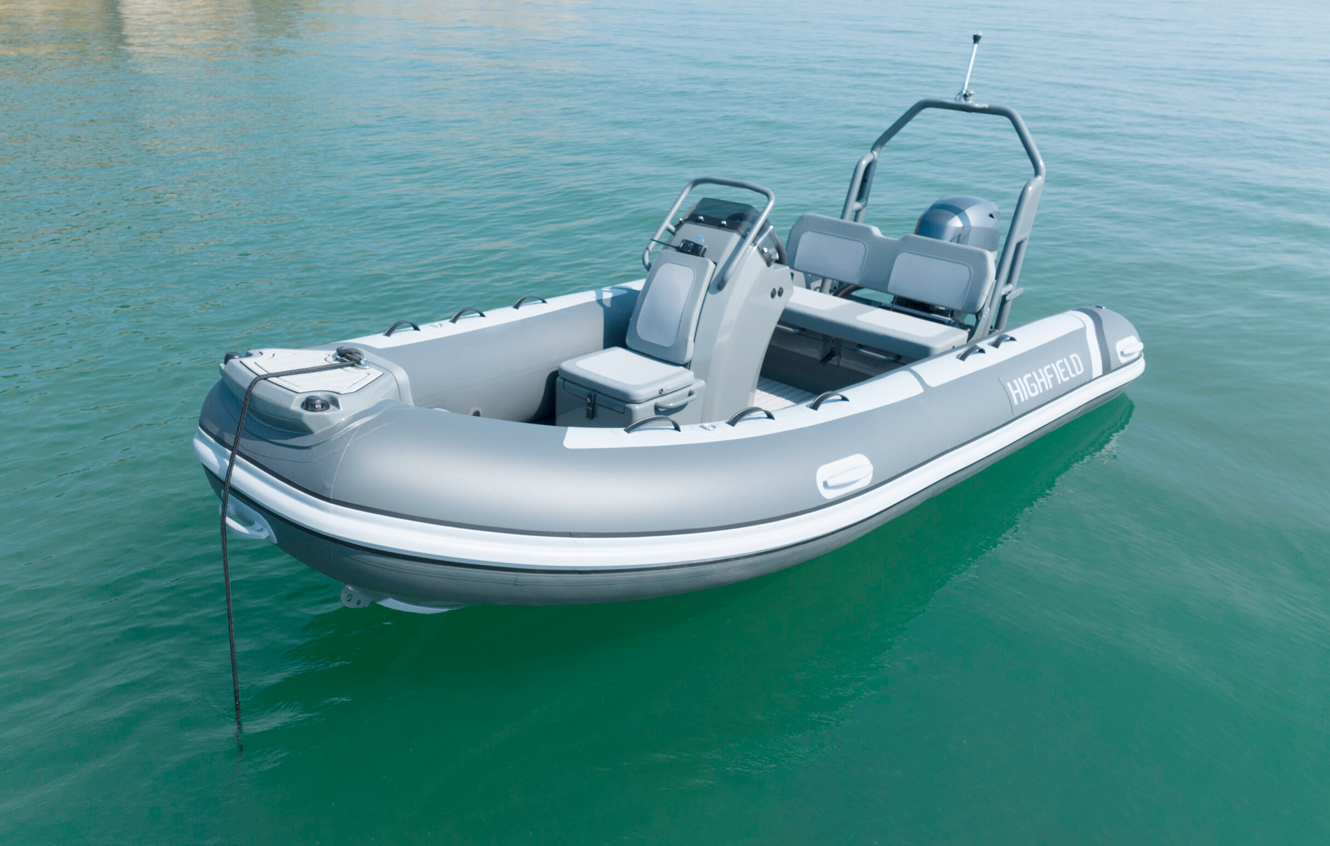 Highfield CL420 aluminium RIB showing console, seating and open bow area