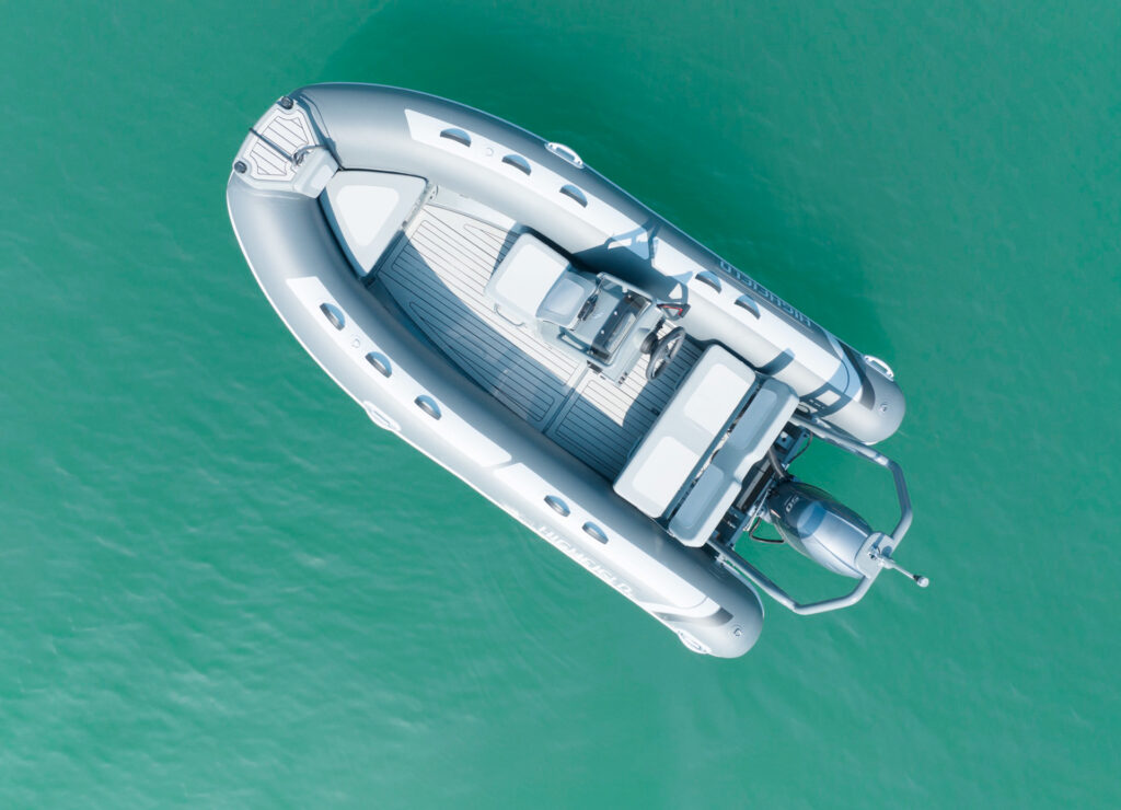 Highfield CL460 aluminium RIB viewed from above showing console and seating layout