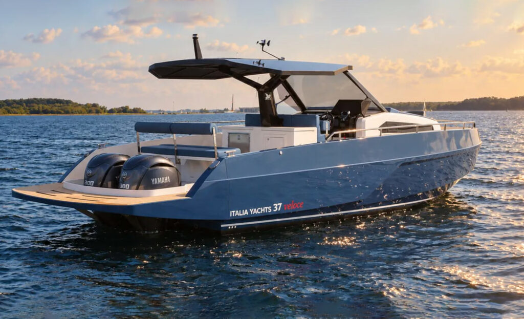 Side view of the Italia Yachts IY 37 Veloce motor yacht on the water, highlighting its sleek hull and modern T-top structure.
