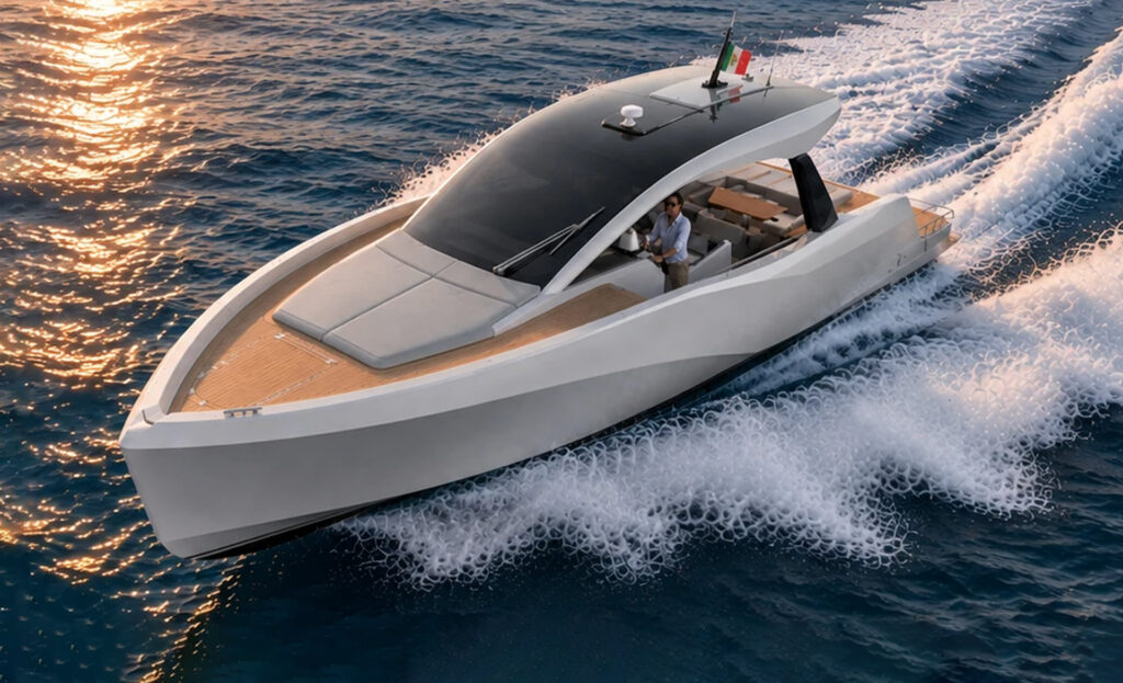 Aerial view of the Italia Yachts IY 46 Veloce cruising at sea, highlighting its sleek hull, T-top and spacious deck layout.
