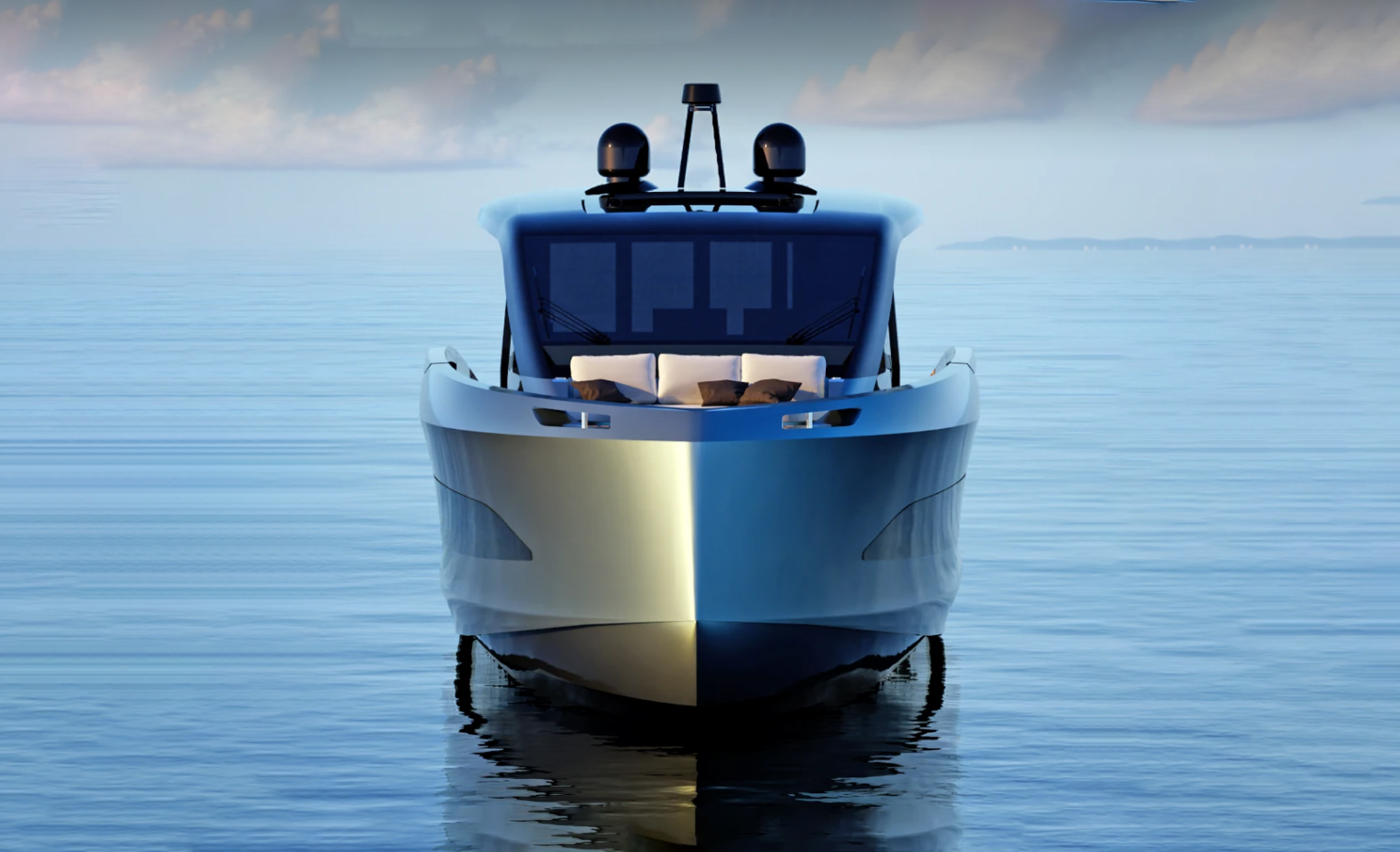 Front view of the Italia Yachts IY 57 Opera motor yacht rendering, highlighting its contemporary bow design, panoramic glazing and Hard Top structure.