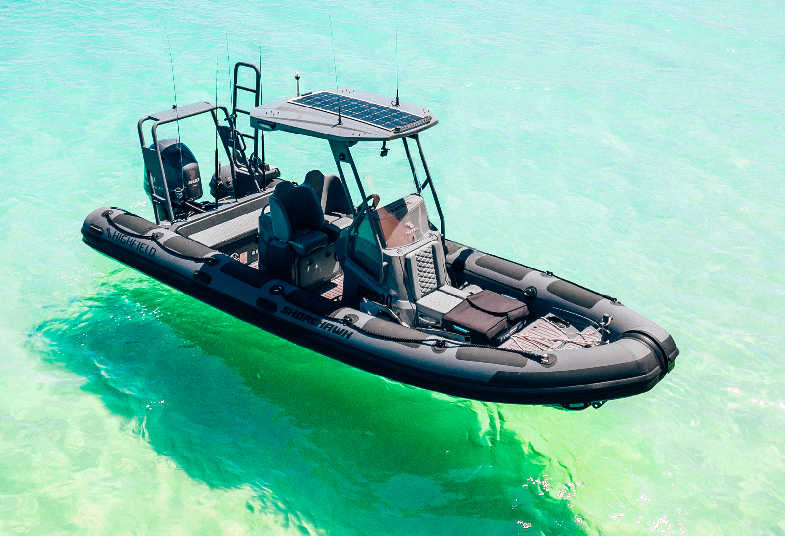 Aerial view of Highfield PA660 Patrol RIB with T-top and passengers on board