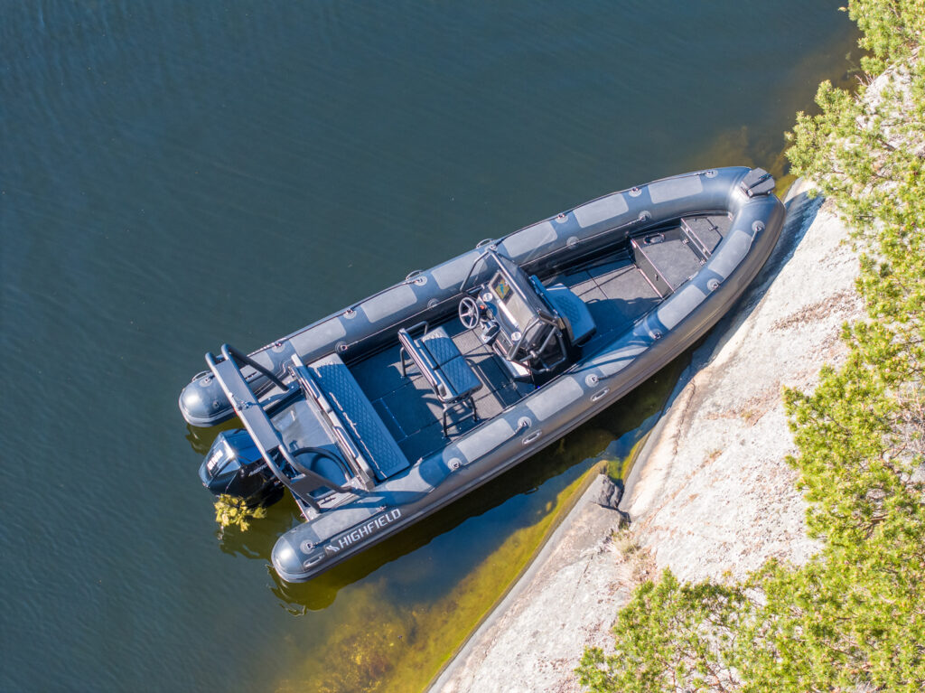 Aerial view of Highfield PA700 Patrol RIB showing the deck and seating arrangement