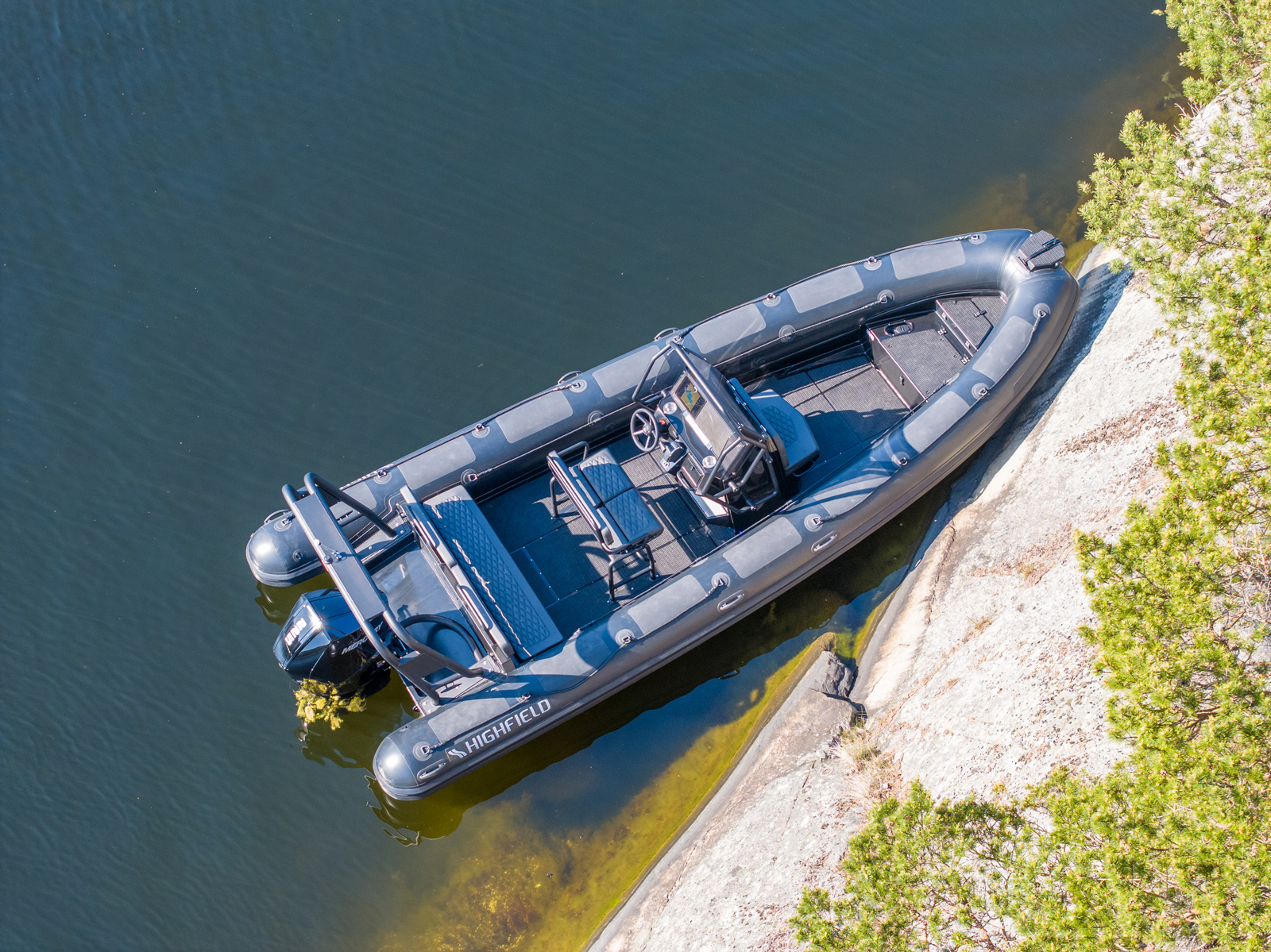 Aerial view of Highfield PA700 Patrol RIB showing the deck and seating arrangement