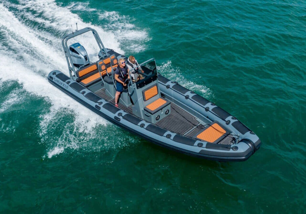 Aerial view of Highfield PA760 Patrol RIB showing seating and deck arrangement