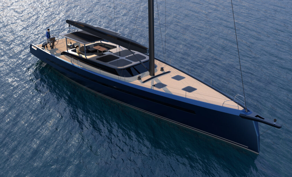 Side aerial view of the Sunpower Solar-E 82 Sail highlighting its sleek blue hull, expansive deck and cockpit