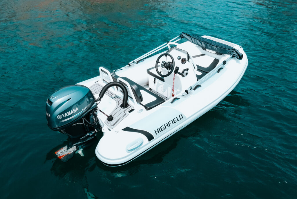 Highfield SP330 Sport RIB viewed from above while cruising on the water