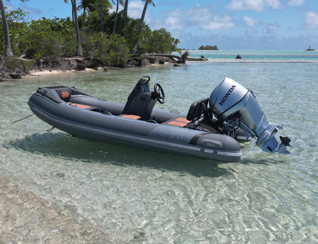 Highfield SP360 Sport RIB viewed from the side with outboard engine