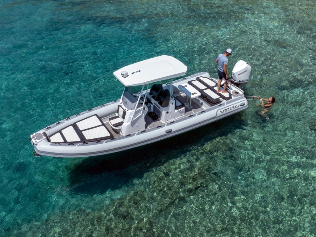 Aerial view of Highfield SP800 Sport RIB showing the T-top, deck layout and seating areas