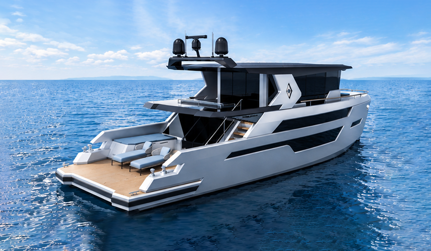 Rear three-quarter view of the Sunpower Solar-E 50 Cruiser featuring its modern exterior and aft lounging area.
