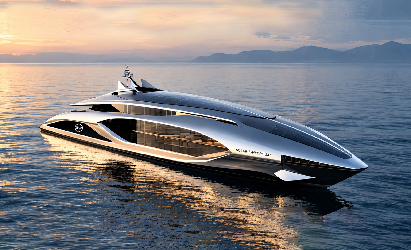 Exterior rendering of the Sunpower Stealth Solar-E-Hydro 137 showcasing its streamlined hull, expansive solar roof and contemporary superyacht design.