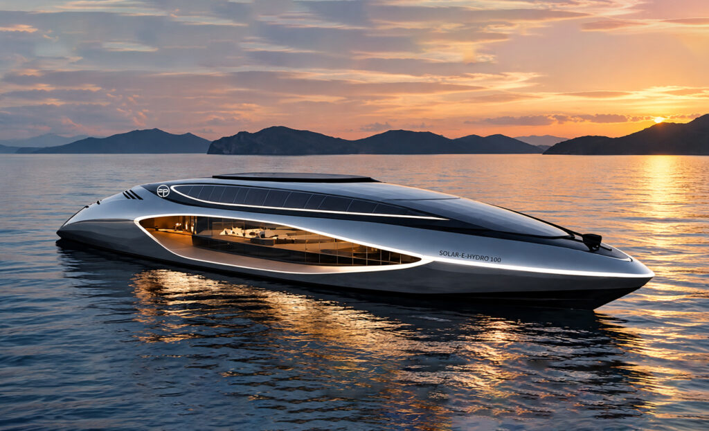 Side profile of the Sunpower Stealth Solar-E-Hydro 100 featuring futuristic styling, integrated solar panels and panoramic windows.