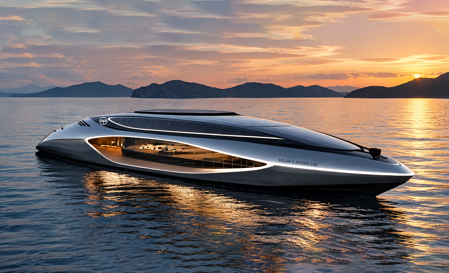 Side profile of the Sunpower Stealth Solar-E-Hydro 100 featuring futuristic styling, integrated solar panels and panoramic windows.