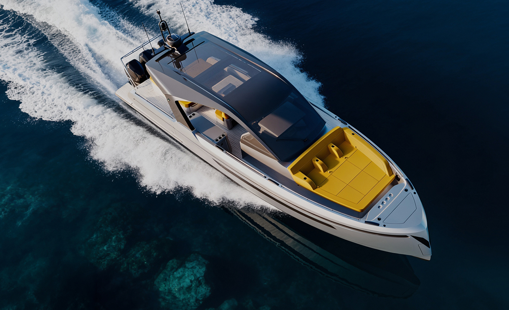 Elevated view of the Virtue V45 Hard Top cruising on the water, showcasing its spacious deck and contemporary hull design.