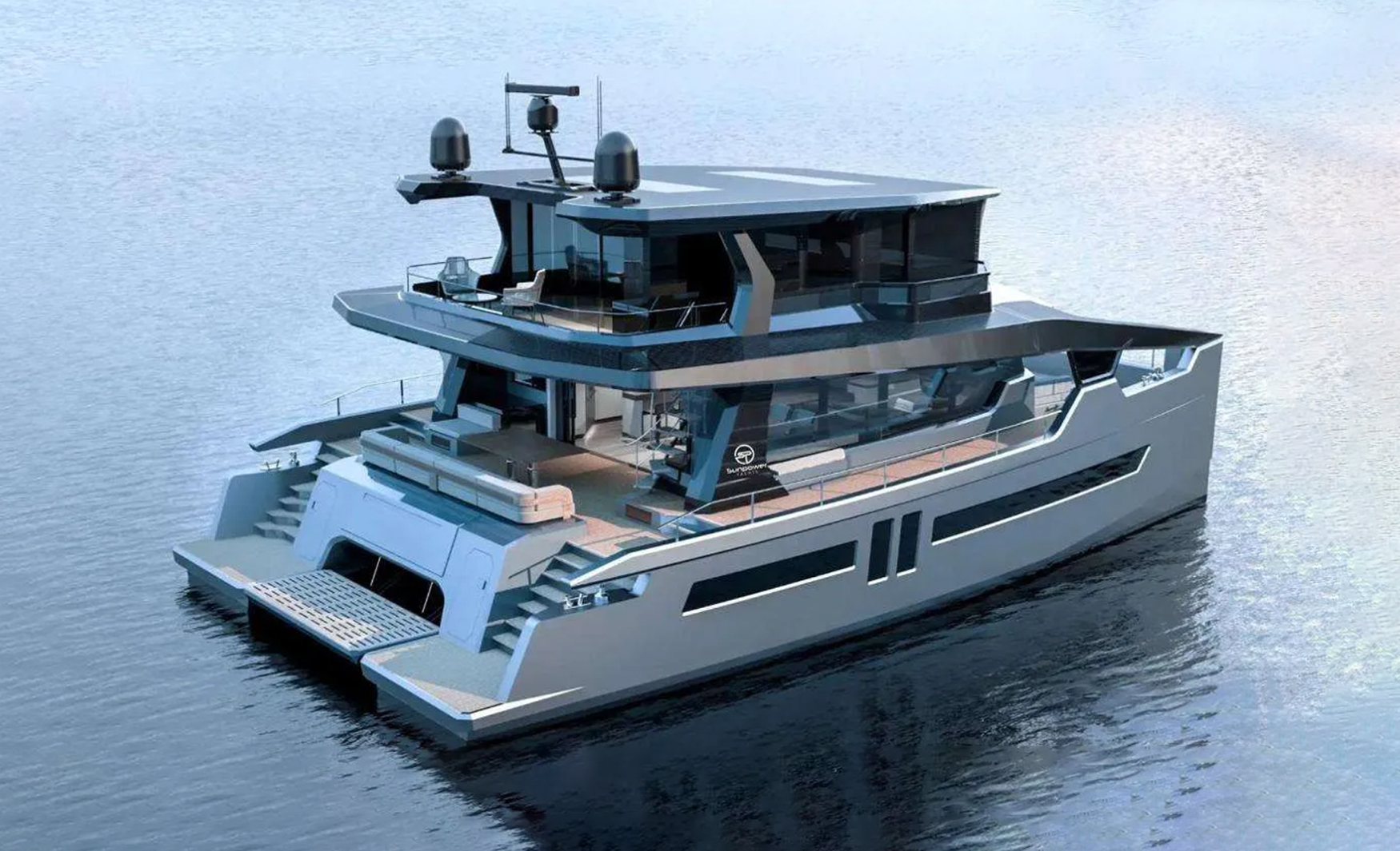 Elevated exterior view of the ALVA Solar E60 Enclosed electric motor yacht featuring its enclosed flybridge and spacious decks.