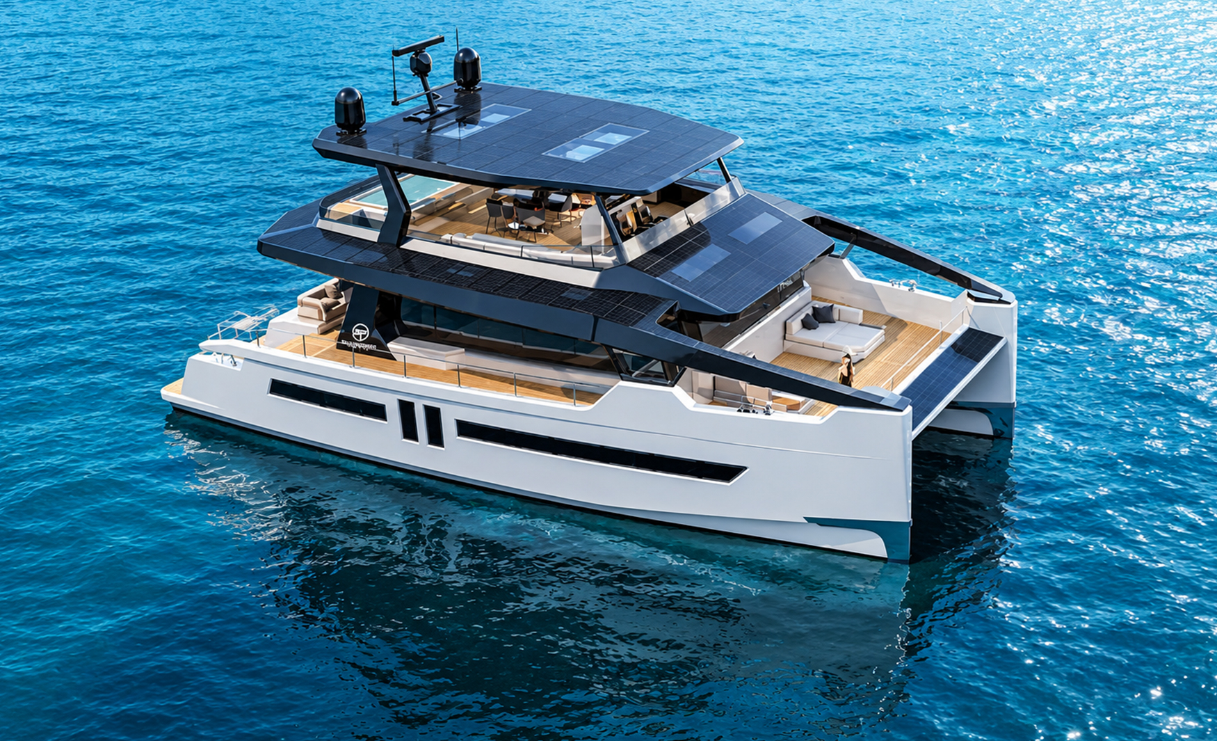 Aerial view of the Sunpower ALVA Solar-E 60 highlighting its spacious decks, solar-powered flybridge and twin-hull design.