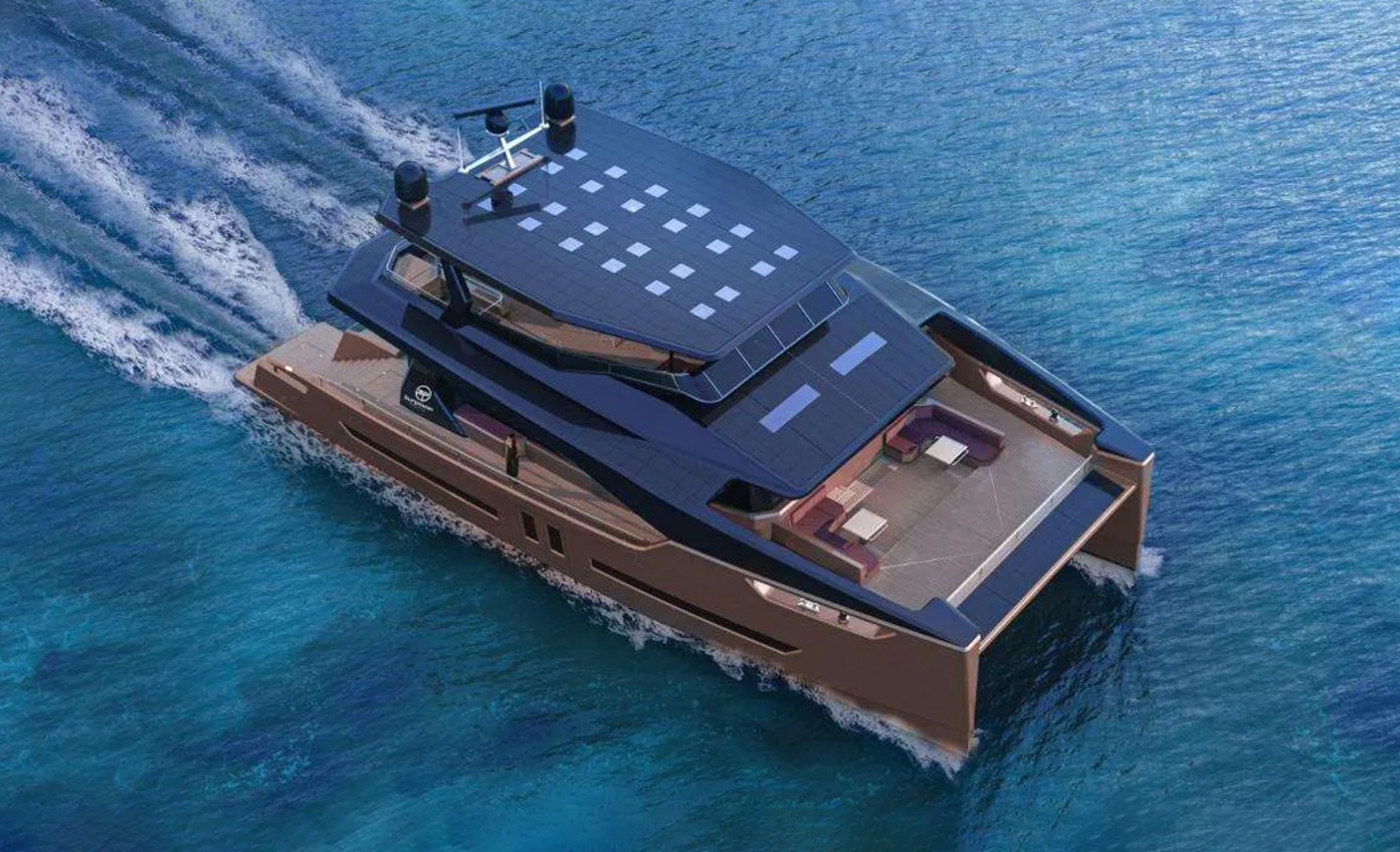 Aerial view of the ALVA Solar E90 showcasing its integrated solar panels, spacious upper deck and innovative yacht design.