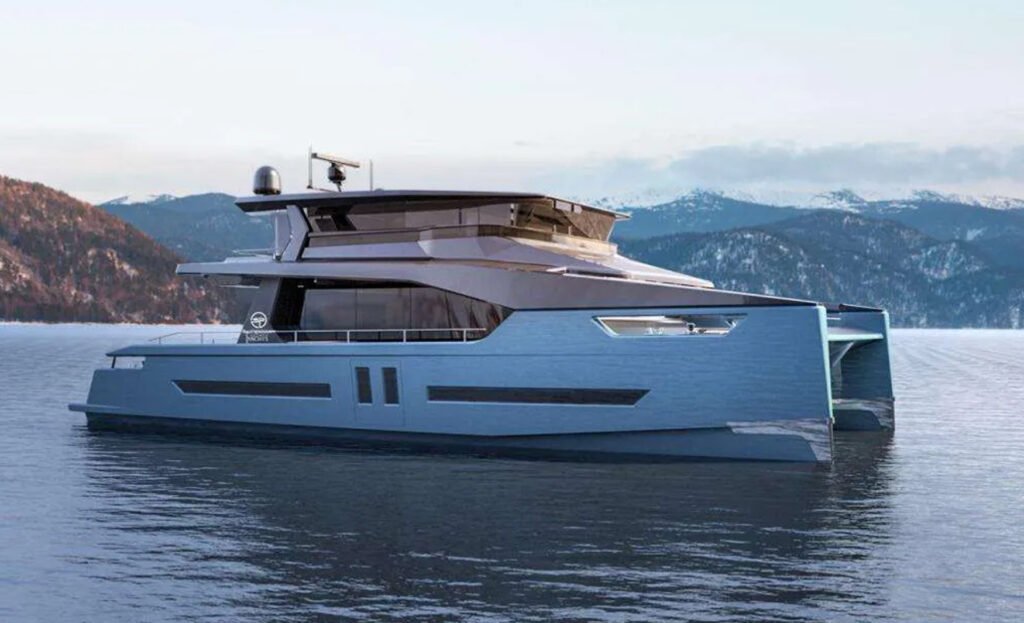 Side view of the ALVA Solar E90 Enclosed electric motor yacht showcasing its sleek hull, enclosed upper deck and contemporary exterior design.