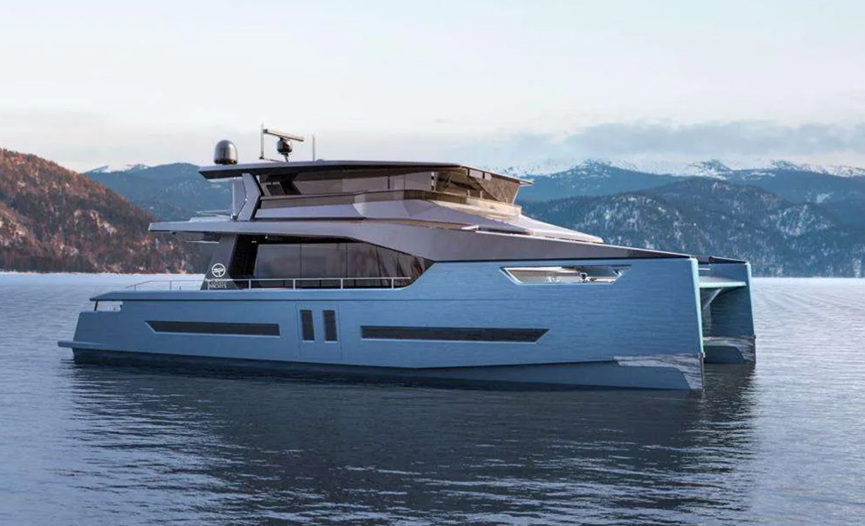 Side view of the ALVA Solar E90 Enclosed electric motor yacht showcasing its sleek hull, enclosed upper deck and contemporary exterior design.