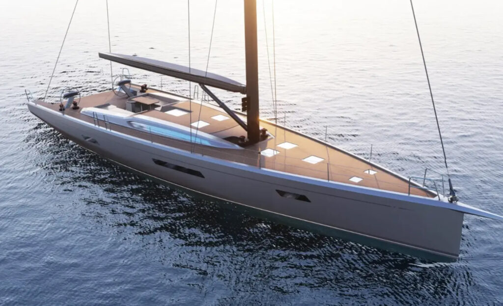 Italia Yachts IY 20.98 Bellissima sailing yacht viewed from the side, showcasing its sleek grey hull, teak deck and elegant exterior lines.