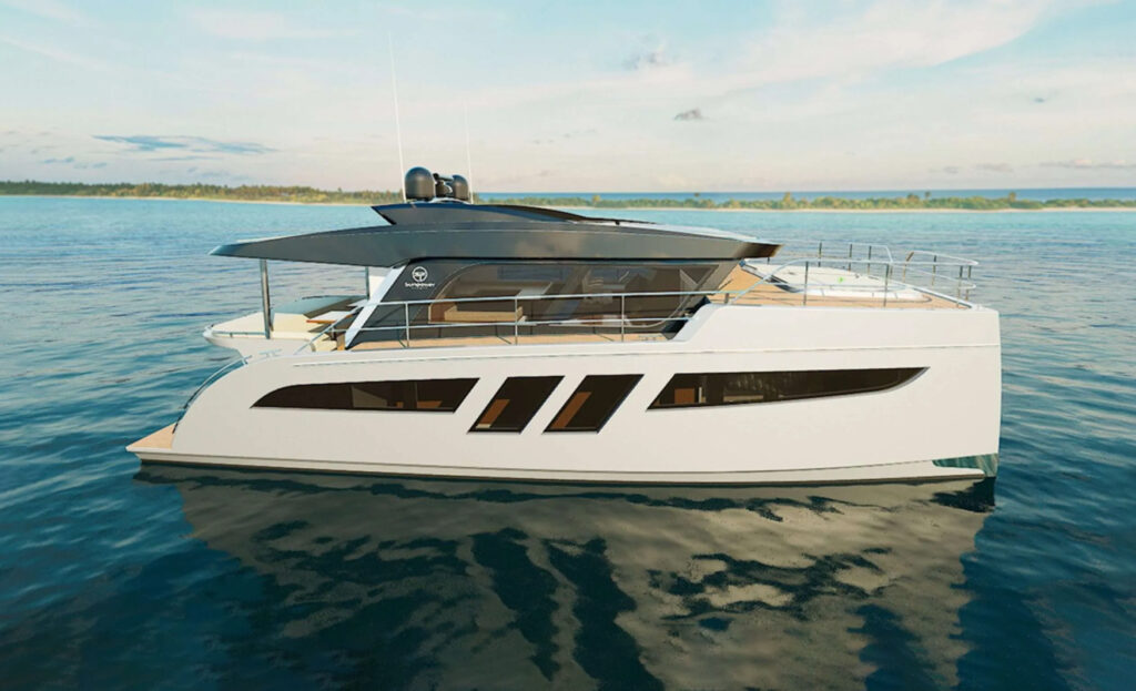 Side profile of the Sunpower Solar-E 44 Coupe highlighting its sleek hull design, panoramic windows and solar roof.