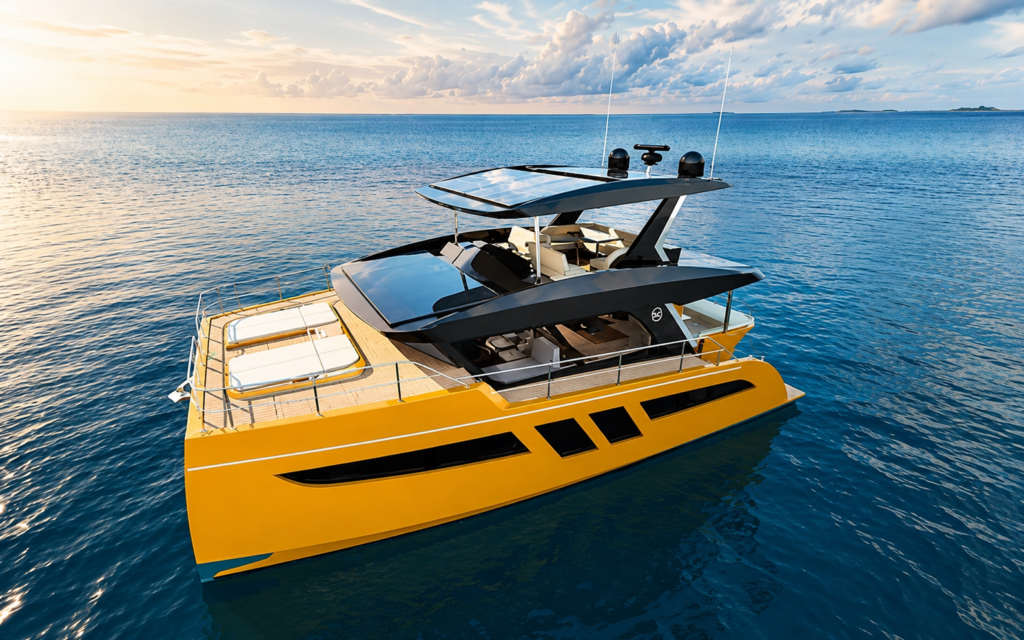 Aerial view of the Sunpower Solar-E 44 VIP catamaran featuring its distinctive yellow hull, spacious flybridge, solar-panel roof and foredeck sun loungers.