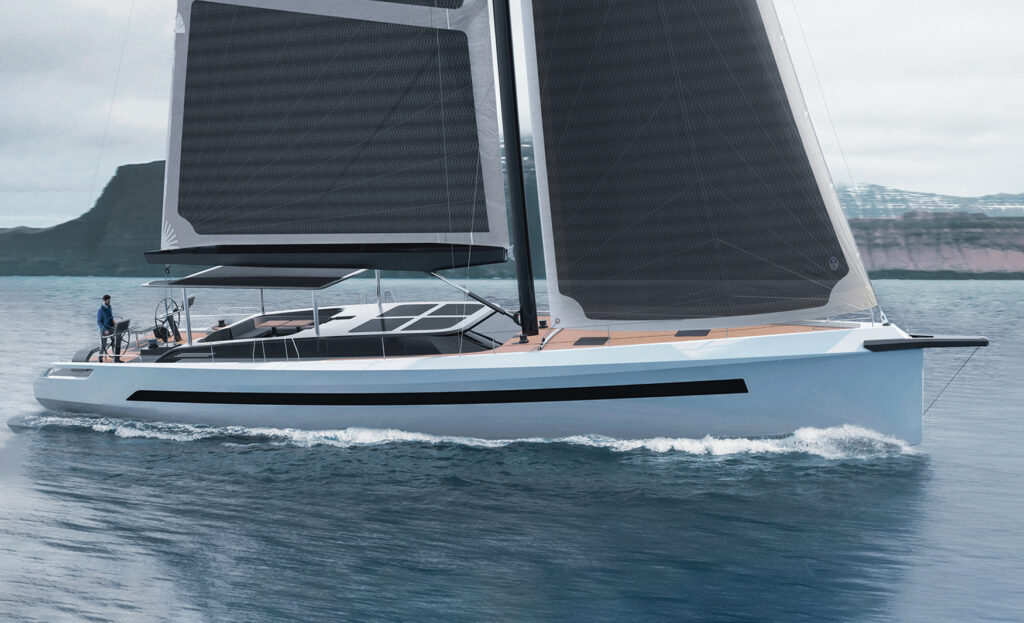 Sunpower Solar-E 72 Sail sailing yacht underway with its sails raised and contemporary deck design