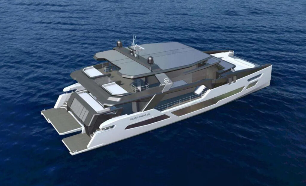 Aerial view of the Sunpower Stealth Solar-E-Hydro 137 highlighting its distinctive multihull design, expansive decks and integrated solar roof.